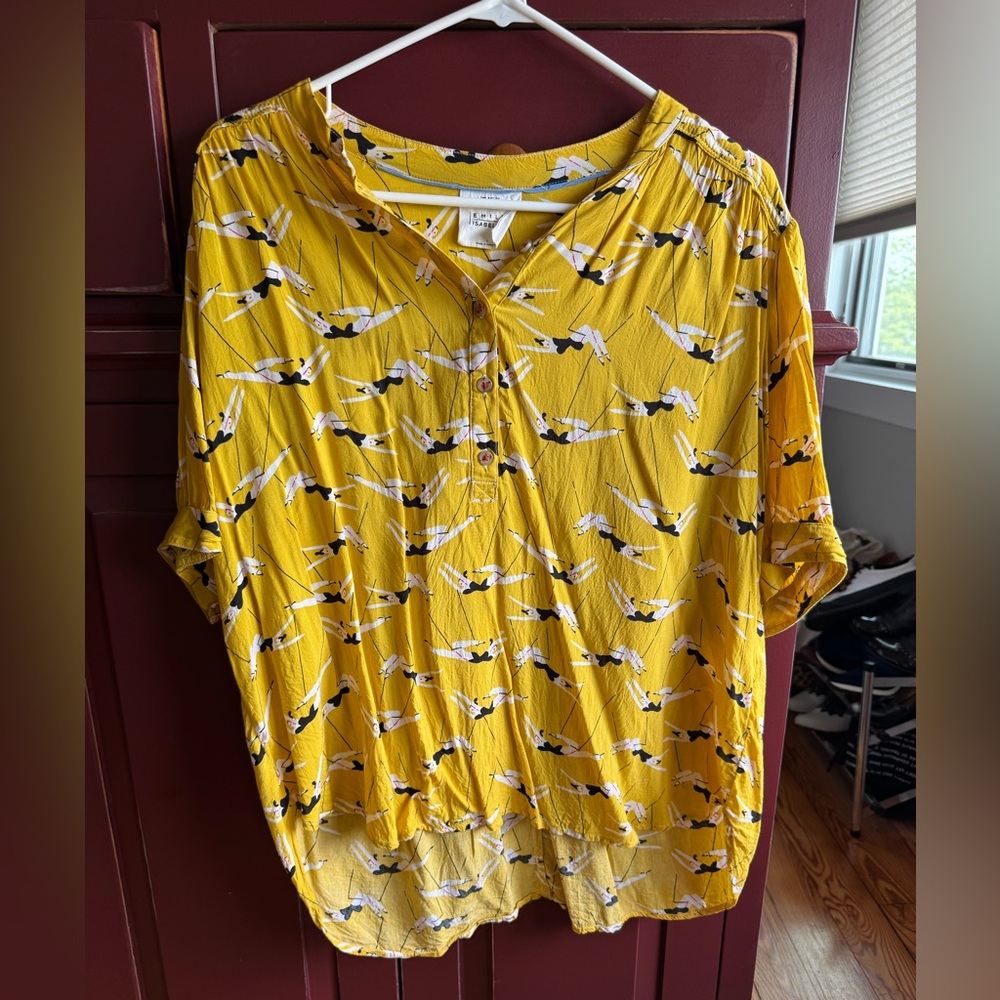 Anthropologie Yellow Black Blouse with Mandarin Collar and Short Sleeves